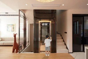 The picture shows a typical example of a small household sightseeing elevator, which is suitable for 2-4-story residential buildings and has high space utilization.