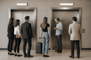 3D visualization of elevator user flow in peak scenarios