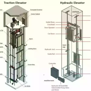 Side-by-side cross-section comparison of hydraulic and traction elevator systems.