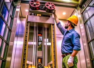 At the elevator installation site, engineers are installing the elevator.