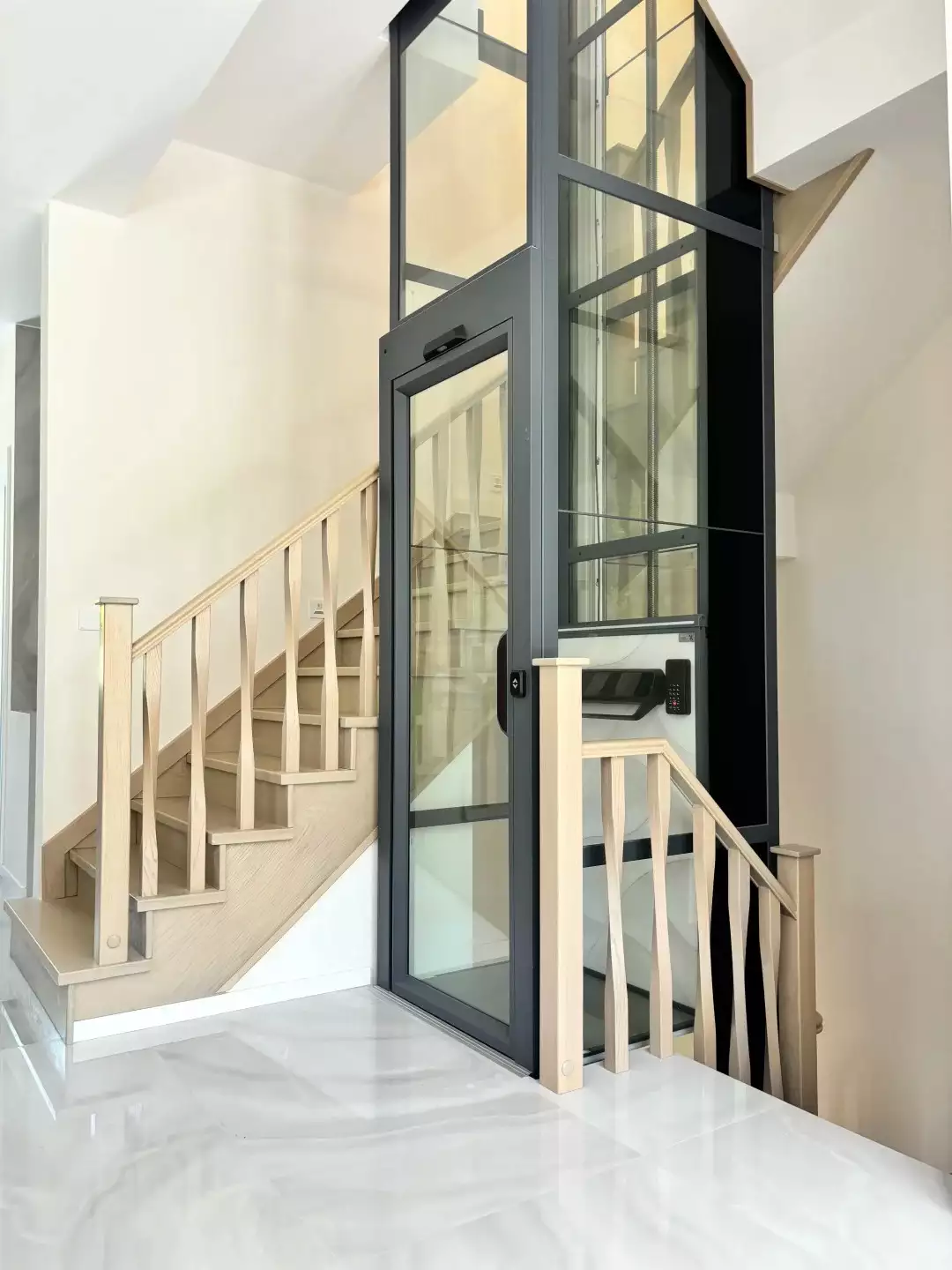 Traction home elevator in a modern home