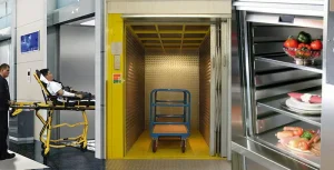 Types of service elevators including hospital elevators, dumbwaiters, and freight lifts used in different industries.