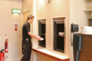 Service elevator in a hotel, used for transporting kitchen equipment, food, and other heavy items efficiently between floors