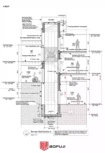 Vertical cross-section of a home elevator shaft showing pit depth and overhead space