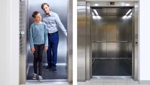 Comparison chart of service elevators and traditional passenger elevators, highlighting differences in load capacity and design.
